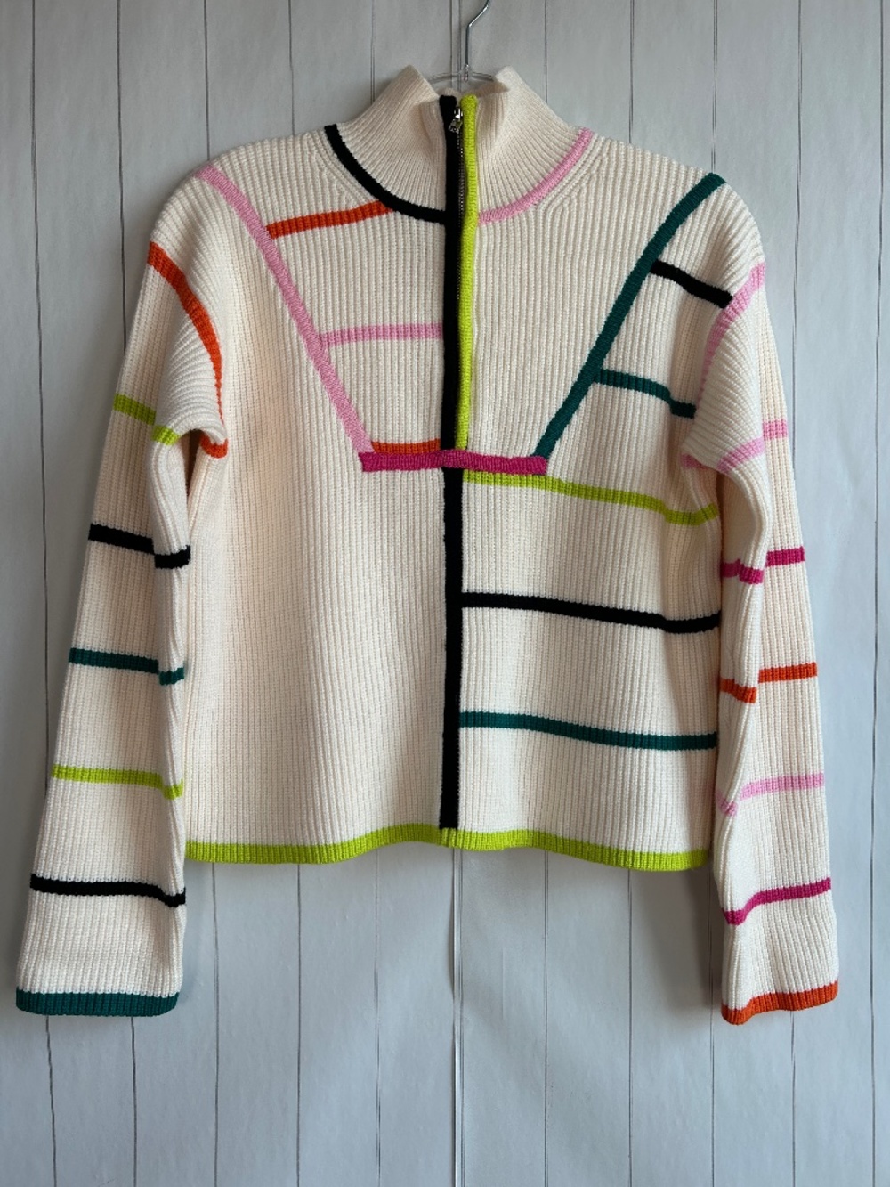 English Factory size M quarter zip sweater beige colorful stripe ribbed mock nec